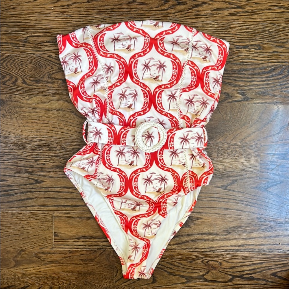 FARM Rio Red and Cream Palm Print One Piece Swimsuit